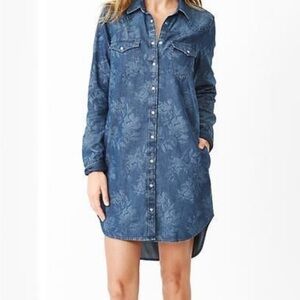 Gap 1969 Shirt Dress Floral Chambray Western Pearl Snap Button Front Womens Med